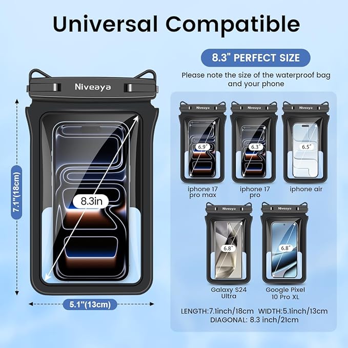 Niveaya Double Space Waterproof Phone Pouch (2-Pack) - IPX8 Phone Case Dry Bag for Beach, Kayak, Cruise Travel Essentials - Compatible with iPhone 17/16/15/14 Pro Max Galaxy S25/S24 Ultra (up to 8.3")