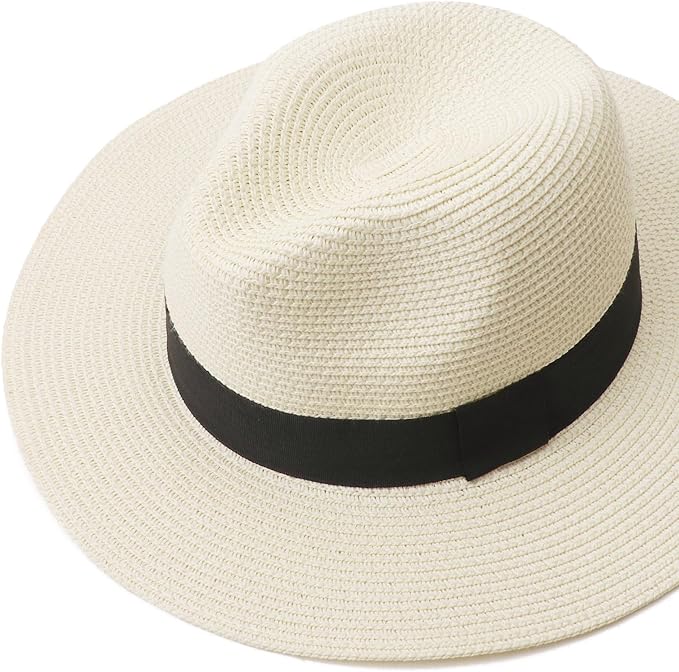 DRESHOW Women Straw Panama Hat Travel Fedora Beach Sun Hat Summer Wide Brim Straw Roll up Hat UPF 50+