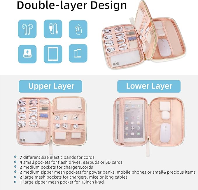 Electronics Organizer Travel Case, Charger Bag Cord Organizer Travel, All-in-One Cable Organizer Bag for Charger, Cords, Phone, Headphones, Flash Drive, SD Card (Beige, Large-Double Layer)