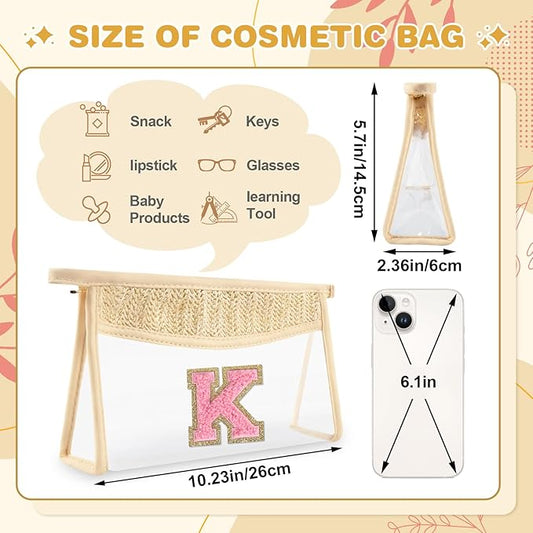Small Boho Straw Initial Letter Makeup Bag Personalized Gift ,Cute Clear Chenille Patch Makeup Bag With Zipper,Trendy TSA Approved Travel Toiletry Bag,Gift for Women Girls Birthday Friend, Letter K