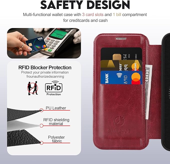 CIVICASE for iPhone 16 Pro Wallet Case with Stand,PU Leather Flip Credit Card Holder Slots (RFID Blocking),Compatible with Magsafe Magnetic Holder Phone Cover Women Men,Wine Red