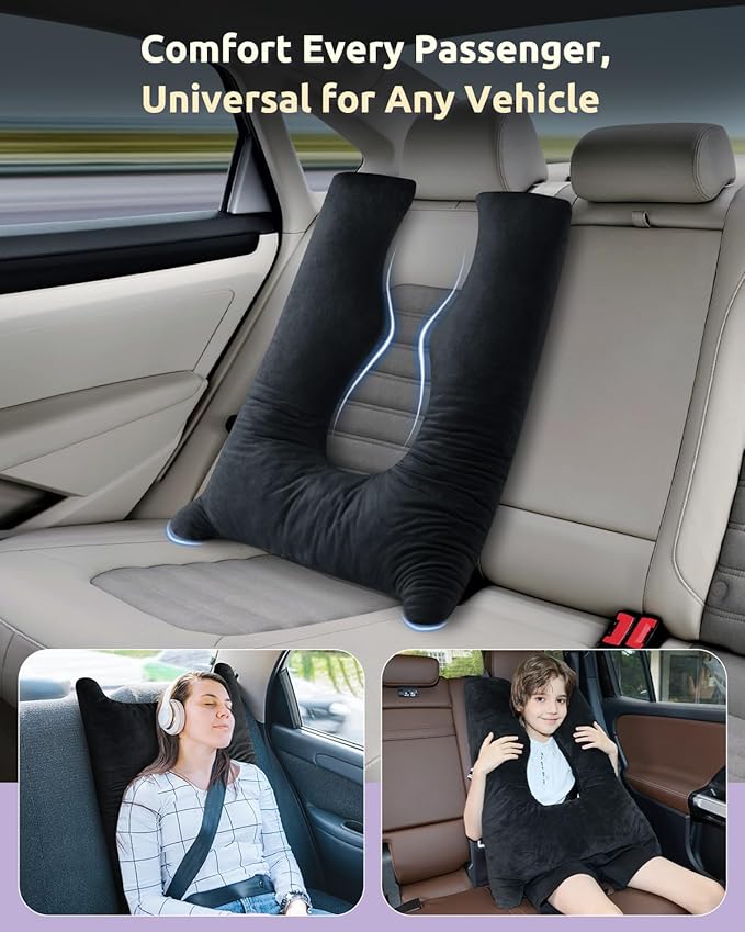 Car Pillow for Kids, Travel Pillow with Adjustable Strap, U-Shaped Pillow for Adults and Children to Support Head and Body Road Trip Essentials (Metal Black)