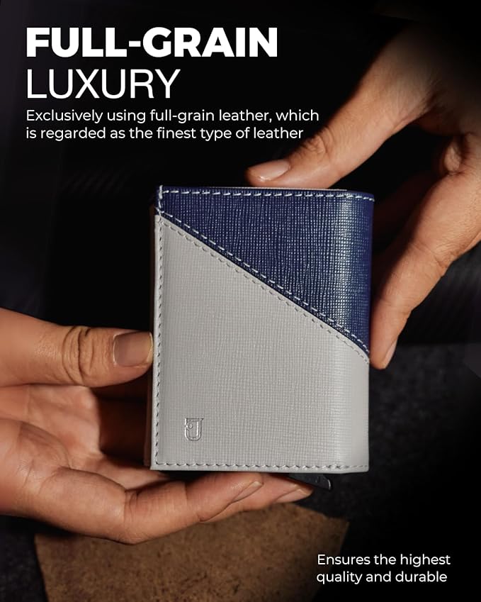 Jenoss Smart Wallet For Men: Full Grain Leather, Handcrafted, Slide Metal Pop Up Case, Slim RFID Blocking Credit Card Holder, Minimalist, Compact 12 Cards Slot Organizers, ID, Money Clip (Grey & Navy)