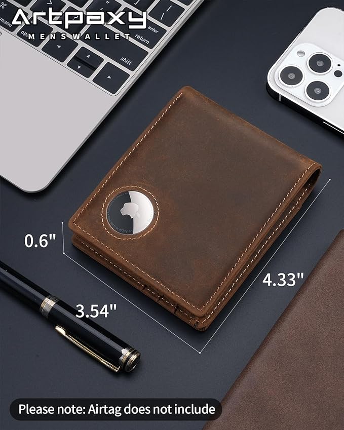 Mens Wallet With AirTag Holder, Bifold Leather RFID Blocking 1-2 ID Windows 12-13 Card Holders, Gift Box and Screen Protector Included, AirTag Not Included