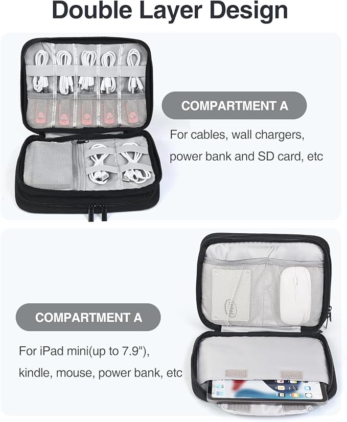 Luxtude Electronics Organizer, Portable Cable Organizer Bag for iPad 7.9'', Double Layer Travel Tech Bag&Cord Storage, Compact Cord Case&Charger Pouch,Electronics Carring Case for Phone/USB