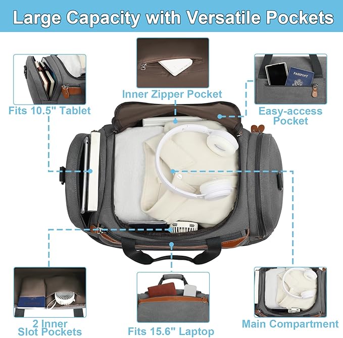 Canvas Travel Duffel Bag for Men - 21 Inch Expandable 47L Weekender Bags with Trolley Sleeve & Toiletry Bag, Overnight Carry On Luggage with Removable Shoulder Strap, Durable & Water-Resistant