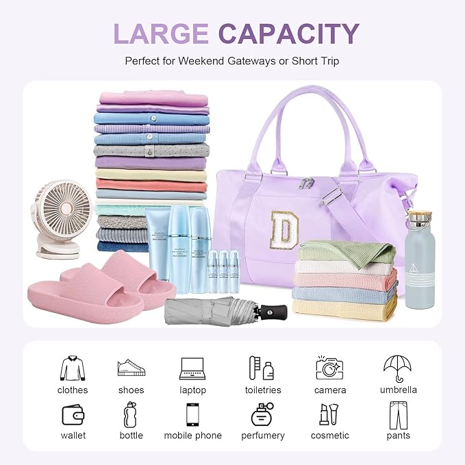 Dance Gym Duffel Bag for Teen Girls, Personalized Initial Travel Weekender Bag,Cute Overnight Carry On Duffle for Women,Sports Travel Cheer Bag,Monogram Christmas Gifts for Tween Preppy(purple-D)