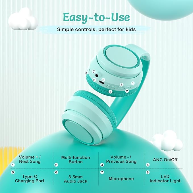 Kids Bluetooth Headphones with Active Noise Cancelling, Wireless Over-Ear Headphones for Boys Girls, Foldable, Adjustable, Safe Volume, 40H Playtime, Mic for School Travel (Mint Green)