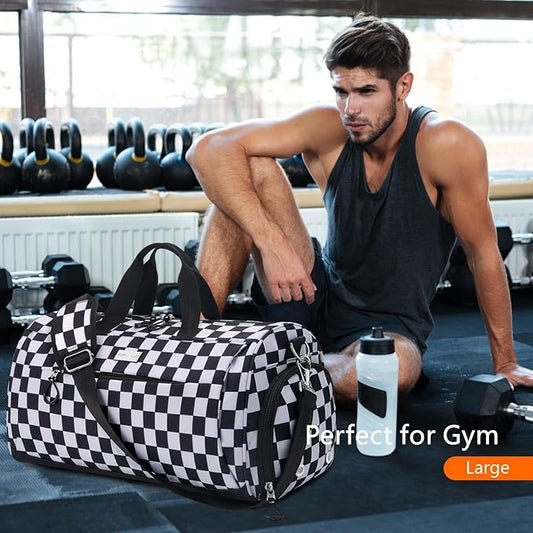 TOPDesign Gym Bag for Women & Men, Unisex Duffel Bag with Shoe Compartment & Wet Pocket for Travel Sports Gym (M Checkerboard)