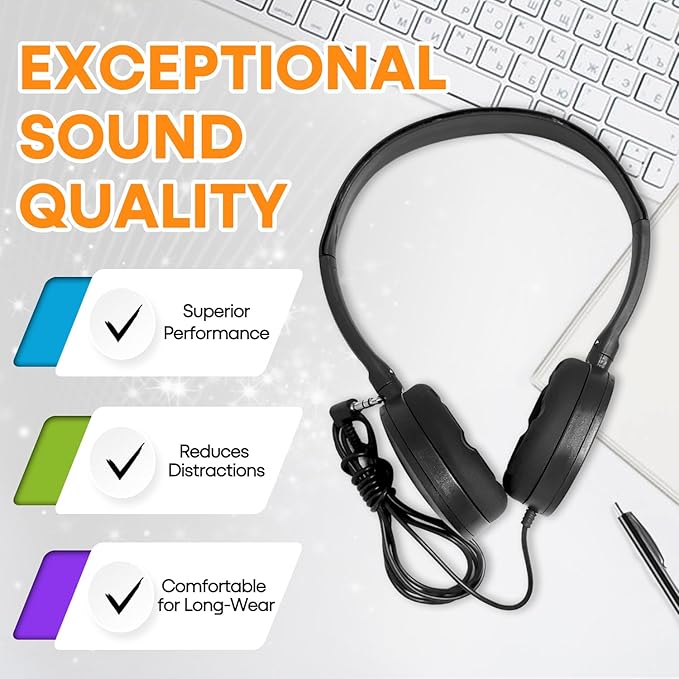 Classroom Headphones Bulk 100 Pack for School Kids K-12,Wholesale Durable Earphones Class Set for Students Children Teens Adults, Airplane and Hospiital (HY104,Black)