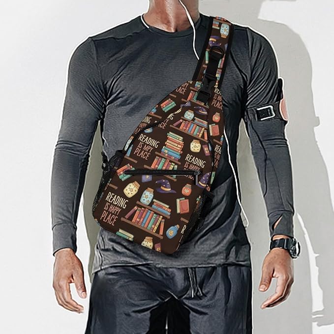 SWEET TANG Fashion Sling Backpack for Men Women, Lightweight Sling Shoulder Bag, Outdoor Chest Crossbody Bike Gym Runner Daypack with Adjustable Strap, Reading Book Is My Happy Place