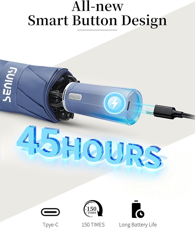 Seniny Electric Travel Umbrella with Intelligent Open Close, Rechargeable Umbrellas for Rain Windproof, Automatic Portable & Compact Umbrella with Reflective Stripe