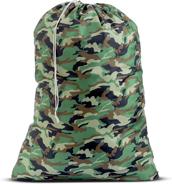 Nylon Laundry Bag - Locking Drawstring Closure and Machine Washable. These Large Bags will Fit a Laundry Basket or Hamper and Strong Enough to Carry up to Three Loads of Clothes. (Camouflage)