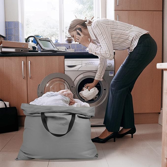 Cotton Canvas Laundry Bag with Handles & Drawstring Straps, Heavy Duty Extra Large Laundry Bags for Laundromat and Household, 25.5x34 Inch, Dark Grey