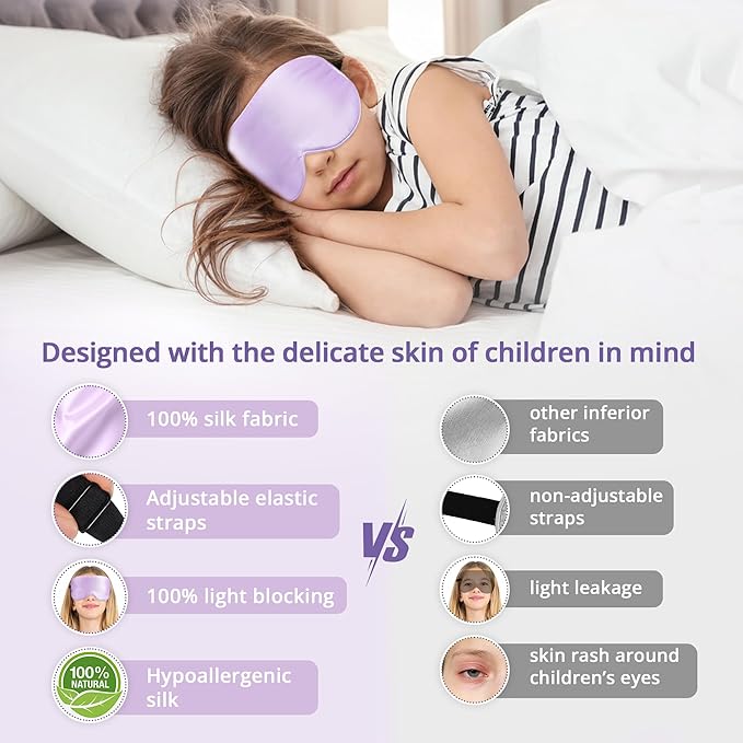 Kids Sleep Mask Eye Cover, 100% Real Natural Pure Silk Eye Mask with Adjustable Strap, Blindfold Kids Eye Mask for Sleeping, Eye Shade for Boys Girls and Adult, Pressure-Free Comfort (Purple)
