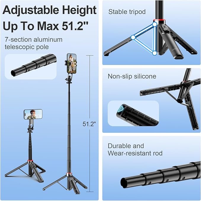 51'' Magnetic Tripod Selfie Stick Stand for Phone with Light,Bluetooth Remote, Mini Holder,MagSafe-Compatible Tripod for Cell Phone Camera Pocket,Portable Extendable Mount for Video Recording