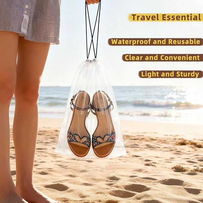 100 Pack Clear Shoe Bags for Travel, 12"x18" Large Travel Shoe Bags for Storage and Packing, Waterproof Drawstring Shoe Bag for Traveling, Bulk Travel Essentials for Men and Women