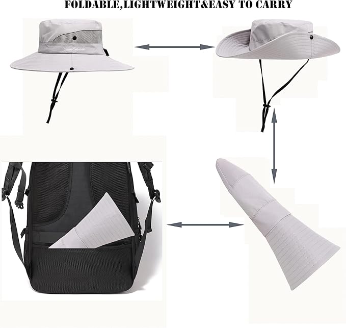Womens Summer Sun Hat Beach Hat Wide Brim Outdoor UV Protection Hat Foldable Cool Mesh Ponytail Bucket Hat