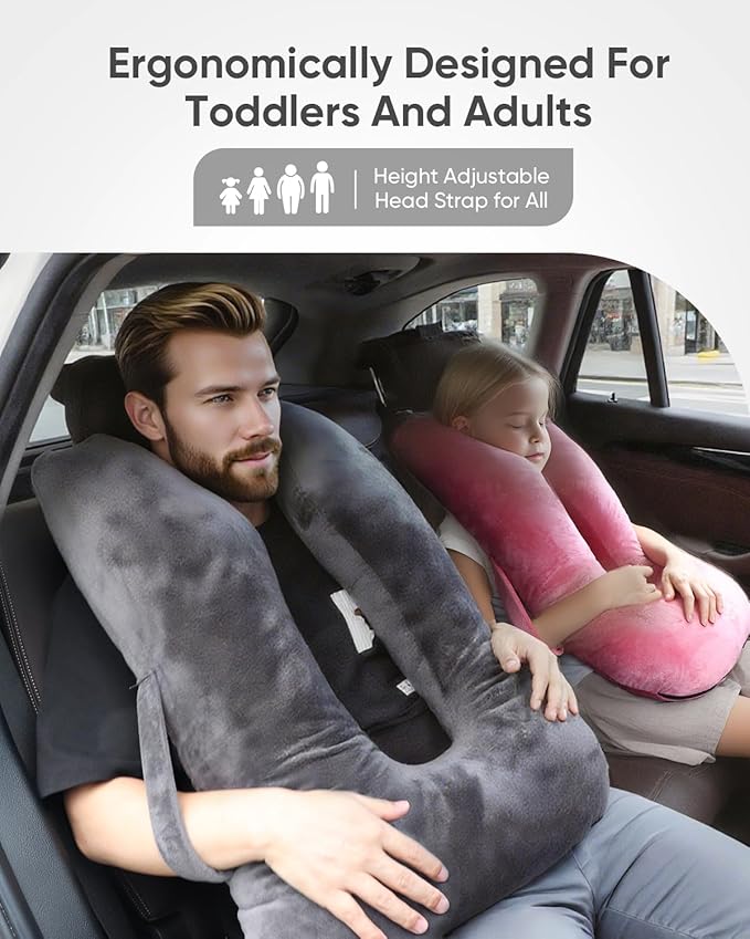 Car Travel Pillow for Kids Adults, Raised Padding Head and Neck Support Car Seat Sleeping Pillow for Toddlers, Portable U Shaped Body Pillow for Car Seat On Road Trip (Dark Gray)