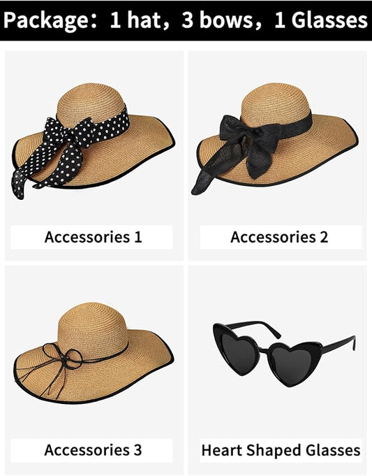 Senker Fashion Sun Hats for Women, Wide Brim Floppy Beach Straw Hat for Summer Travel Vacation Foldable with Sunglasses