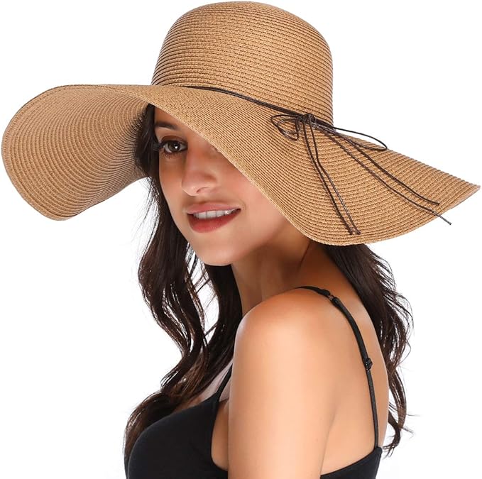 Lanzom Womens Wide Brim Straw Hat Big Floppy Foldable Roll up Cap Beach Sun Hat UPF 50+