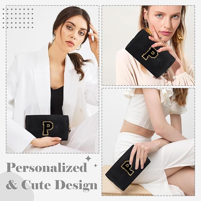 Personalized Initial A-Z Preppy Patch Makeup Bag,Small PU Chenille Letter Cosmetic Bag with Zipper for Teen Girls,Black Cute Toiletry Organizer Bag,Monogram Makeup Case Gift for Women Girls,Letter P