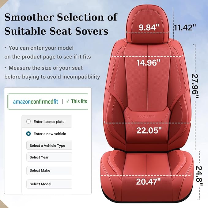 Coverado Car Seat Covers Full Set, Car Seat Protector Waterproof, Nappa Leather Car Seat Cushion, Red Seat Covers for Cars, Front Seats and Back Universal Fit for Most Cars