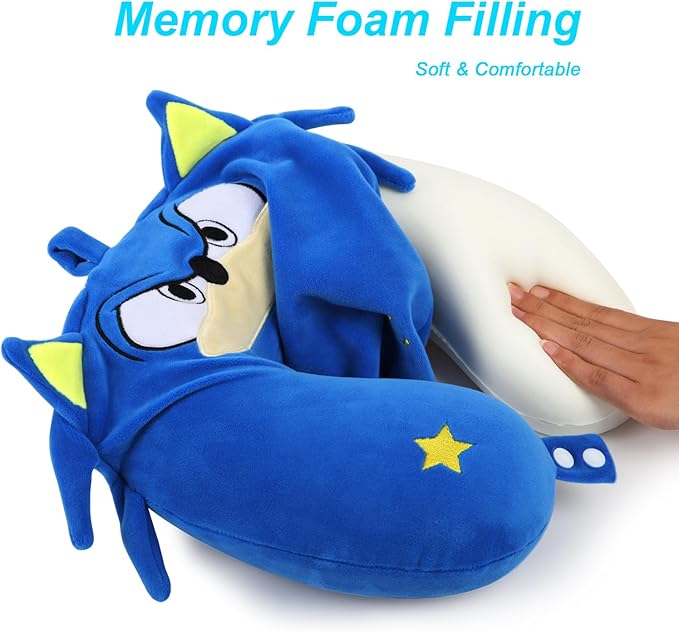 Superhero Travel Pillow for Kids & Adults with Sleep Eye Mask, Memory Foam U-Shaped Neck Pillow with Washable Cover, Soft Head Support Travel Accessories for Airplane Car Train Bus Recline, Royal Blue