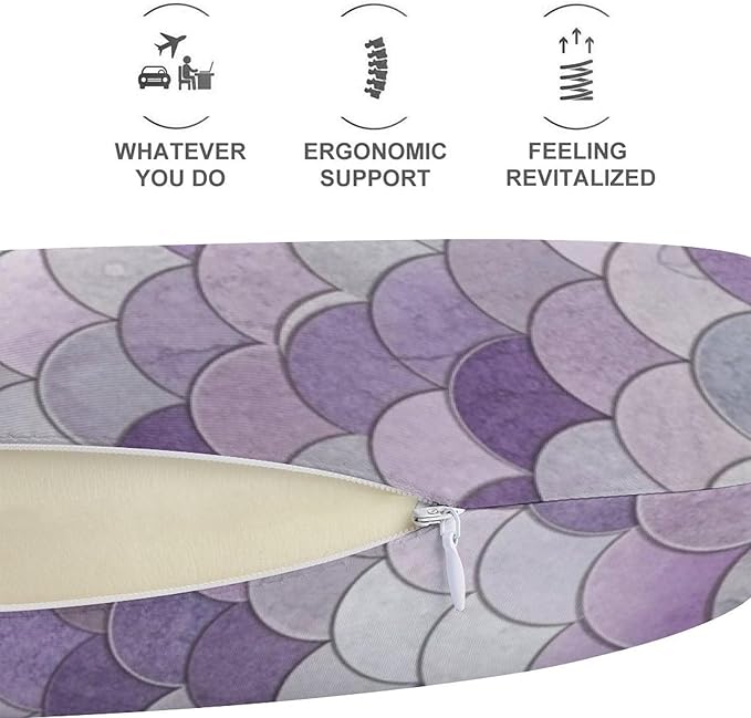 Men’s Comfort U-Shaped Neck Pillow Memory Foam Travel, Sparking Mermaid Fish Scales Purple U-Shape, Breathable Car Airplane Support