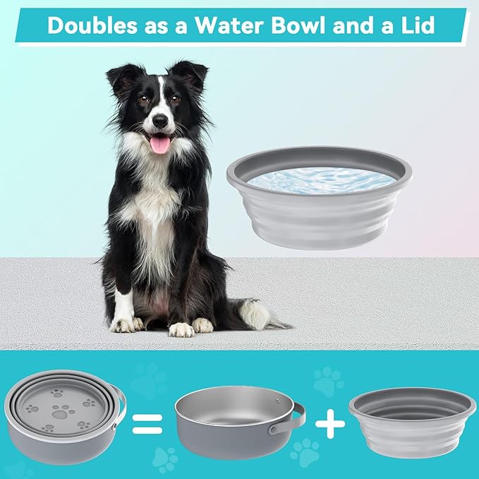 40 Oz Travel Dog Bowls with Lid, Collapsible Water Bowl BPA-Free, Stainless Steel Pet Food Bowl - 2in1 Portable Dog Bowls - Puppy Trip Camping Travel Essentials