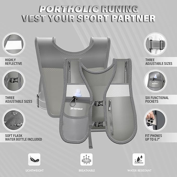 PORTHOLIC Running Vest for Women Men with 17oz Water Bottle |Adjustable Hydration Vest|Reflective |Lightweight |6 Pockets |Breathablefor Running Accessories for Hiking