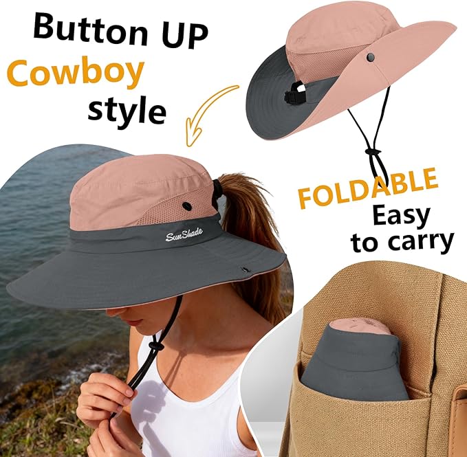 ZOORON Women's Ponytail Safari Sun Hat,Wide Brim UV Protection Outdoor Bucket Hat,Foldable Beach Summer Fishing Hat