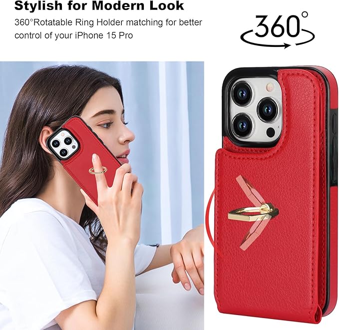 Folosu Compatible with iPhone 15 Pro Case Wallet with Card Holder, 360°Rotation Finger Ring Holder Kickstand, RFID Blocking Leather Protective Double Buttons Shockproof Cover 6.1 Inch Red