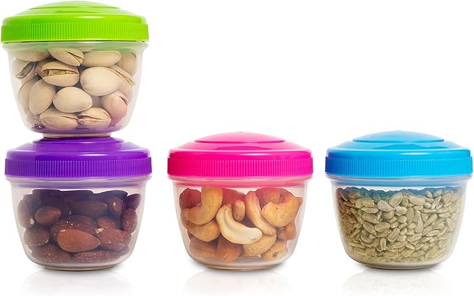 Snack Containers (4 Set) - 4.75 Oz Small Food Storage Cups with Lids - Fruit, Nuts, Sauce, Condiments & Salad Container for Lunch Box - Reusable Dessert Cups, Microwave & Freezer Friendly, BPA-free