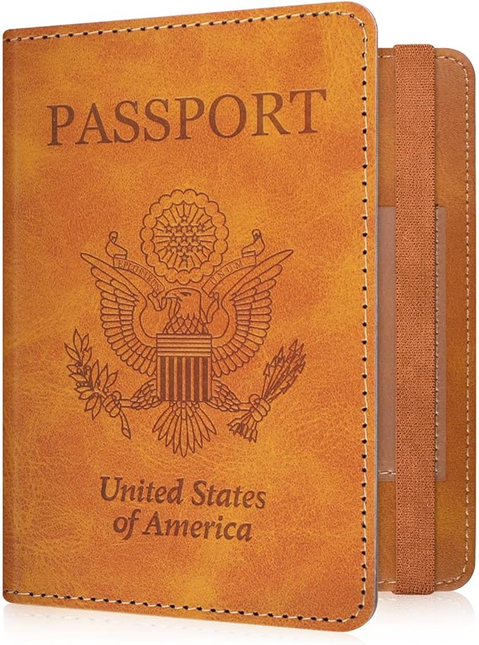 RSAquar Passport Holder for Women and Men, Premium PU Leather Travel Passport Wallet RFID Blocking Passport Cover Travel Documents Organizer with Pen Holder, Brown#2