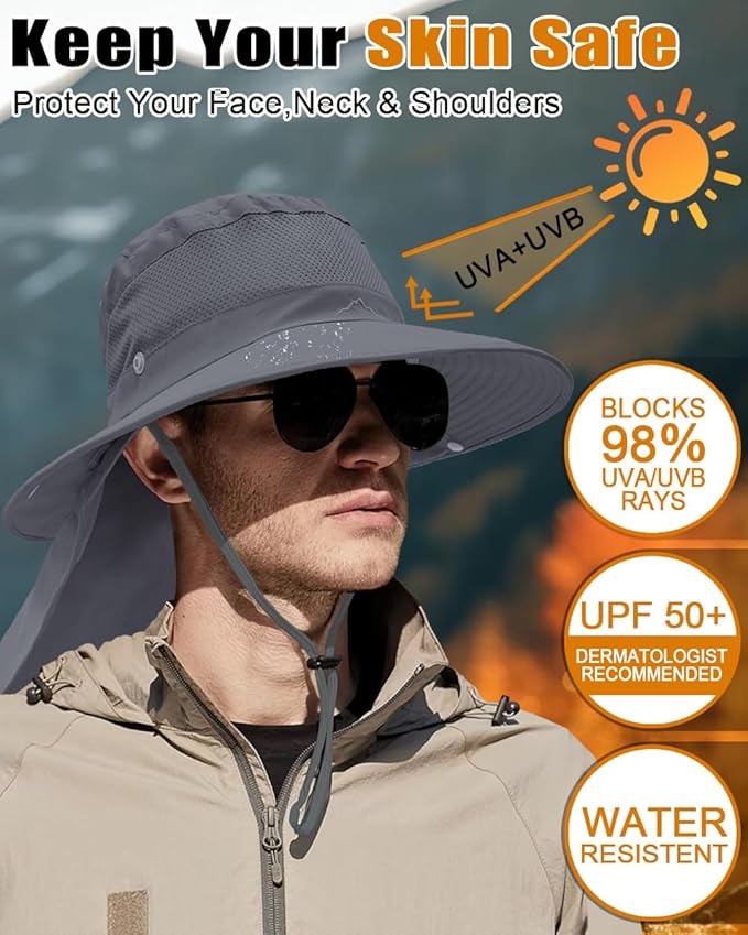 Outdoor Sun Hats with Stowable Neck Flap for Men Women UPF 50+ Mesh Summer Bucket Hat Wide Brim for Fishing Safari Hiking