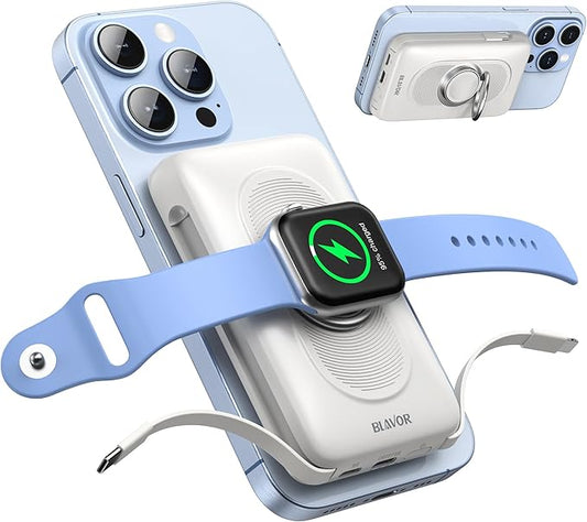 BLAVOR for Magsafe Portable Charger with Built-in Cables, 20W Fast Charging, 10000mAh Magnetic Wireless Power Bank, Battery Pack with Stand for iPhone 16/15/14/13/12, Powerbank for Apple Watch(White)