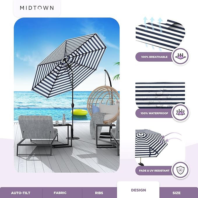 Midtown Umbrellas 10-Year-No-Fade - 6 Ft - UV Proof Navy/White Stripe Polyester Fabric - Umbrella Outdoor Patio, Aluminum Frame Large Patio Umbrella for Garden, Pool & Deck - Black Pole