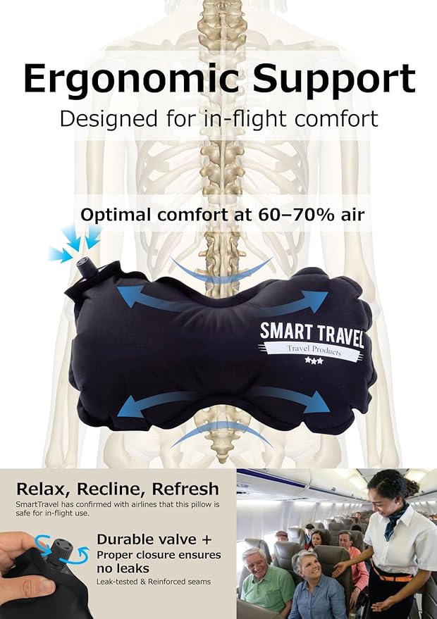 SmartTravel Travel Products Inflatable Lumbar Support Pillow for Airplane & Office – Firm, Adjustable Back Cushion for Long Flights