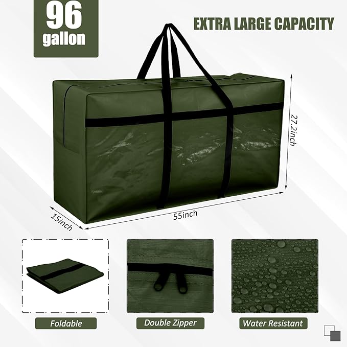 4 Pcs 96 Gallon Large Moving Bags with Zipper and Handles Foldable Storage Duffle Bags Heavy Duty Extra Large Totes for College Dorm Travel Clothes Blankets Bedding Moving (Green)