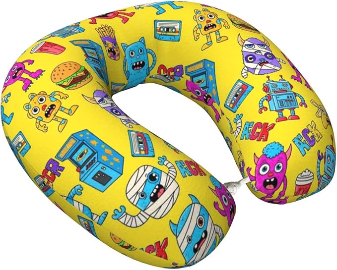 Comfortable Memory Foam Travel Neck Pillow, Funny Chin/Head Cushion Supporting Airplane Car Pillows Trippy Anime Monster Hamburger Drink for Sleeping Outdoors Travel Office
