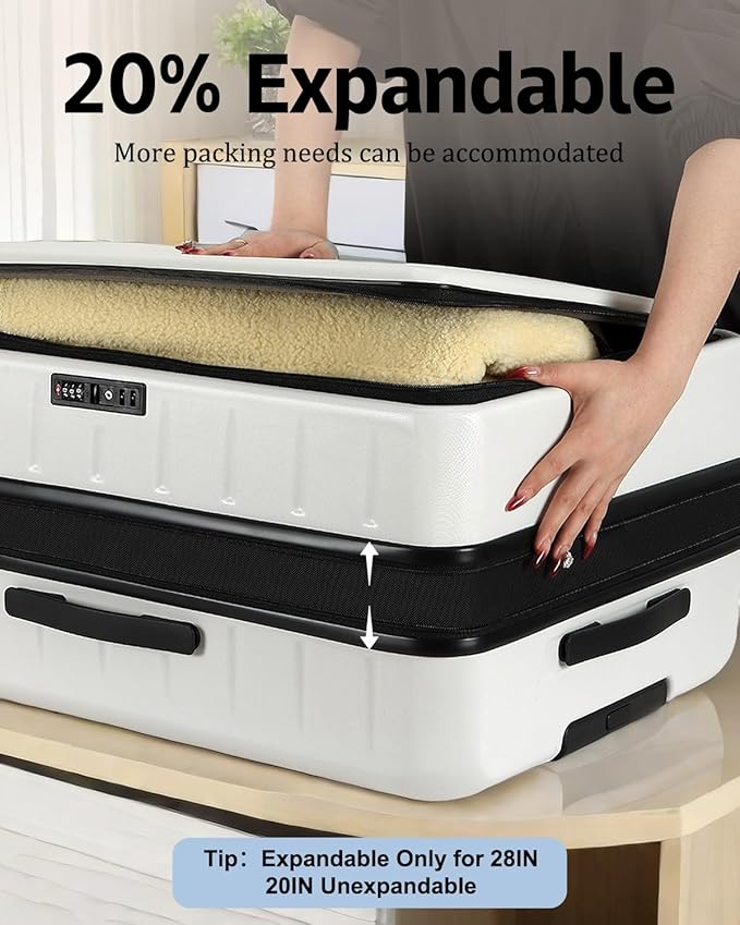 Luggage Sets 2 Pieces, 20 Inch Carry On Luggage and Expandable 28 Inch Checked Luggage with Spinner Wheels, Lightweight ABS+PC Hard Shell Suitcase with Front Opening, TSA Lock (White, 20/28)