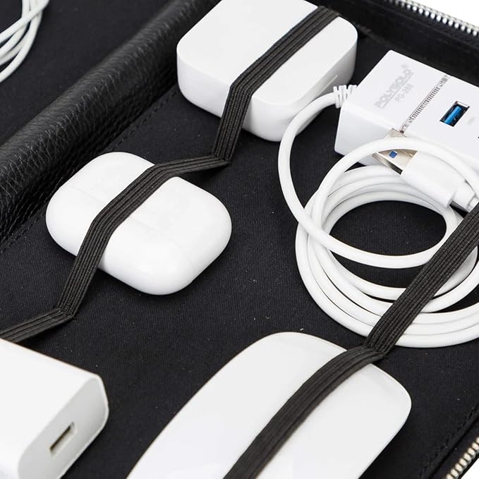 Medicine Handmade Leather Cable Organizer Bag – Full-Grain Leather Travel Tech Case for Cords, Chargers & Accessories – Zippered Storage for Men & Women (Black)