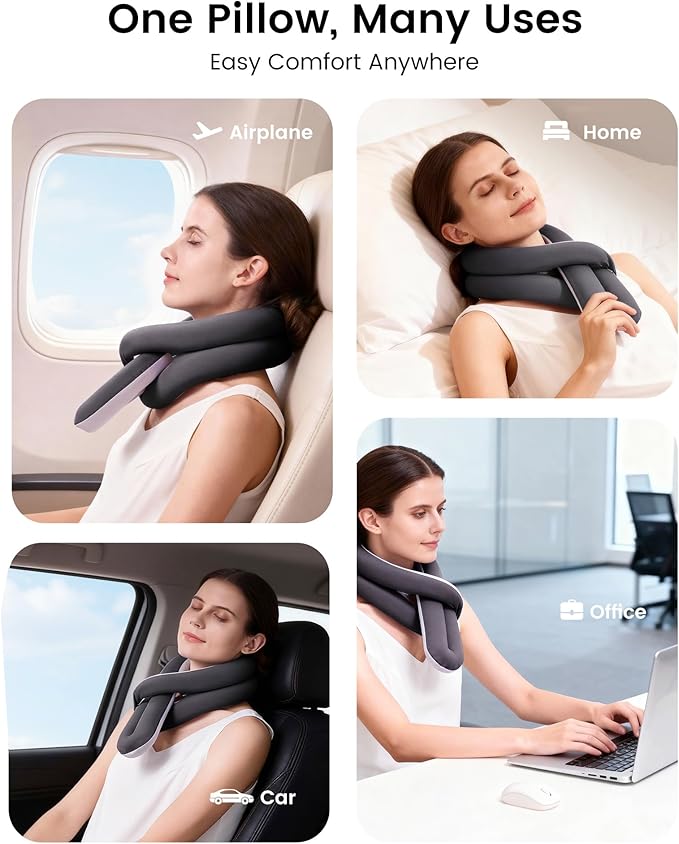 Travel Pillow, Neck Pillow – Ergonomic Memory Foam Pillow for Airplane, Adjustable & Ultra-Lightweight with Dual-Sided Fabric for Flight, Car, and Office Use, Grey