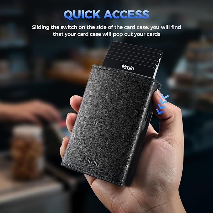 Mrain Mens Slim Minimalist Wallet Card Holder with Coin Pocket, Cash Slot, Magnetic Closure, Pop Up Aluminum Case, ID Window, Leather Wallet, RFID Blocking, 9-13 Card Capacity (Black)