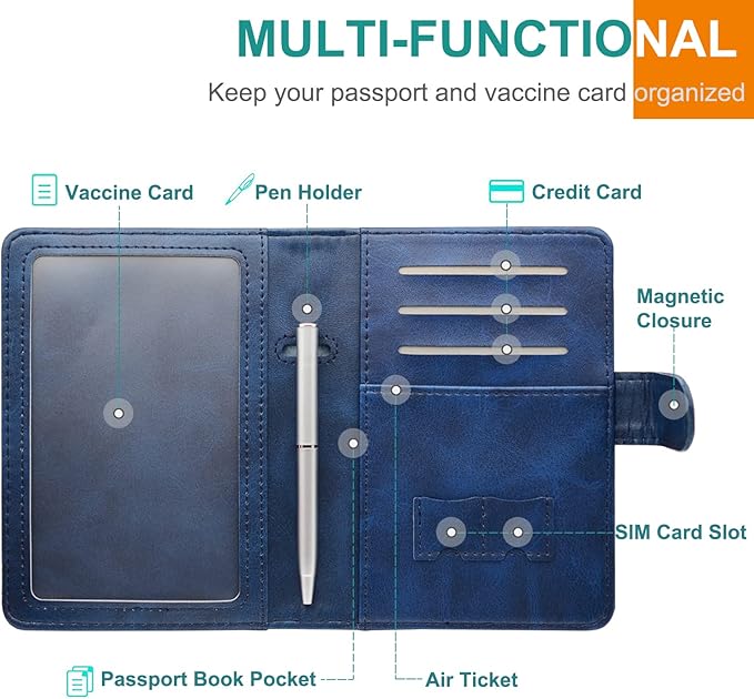 RSAquar Passport Holder for Women and Men, Premium PU Leather Travel Passport Wallet RFID Blocking Passport Cover Travel Documents Organizer with Pen Holder, Blue#2