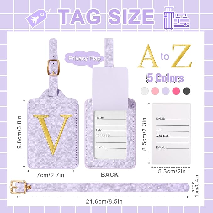 Personalized Initial Luggage Tags for Suitcase, Purple Leather Cute Luggage Tags with Privacy Cover Name Card, Embroidered Custom Monogrammed Luggage Tag Travel Backpack Tags Gifts for Women Kids(V)