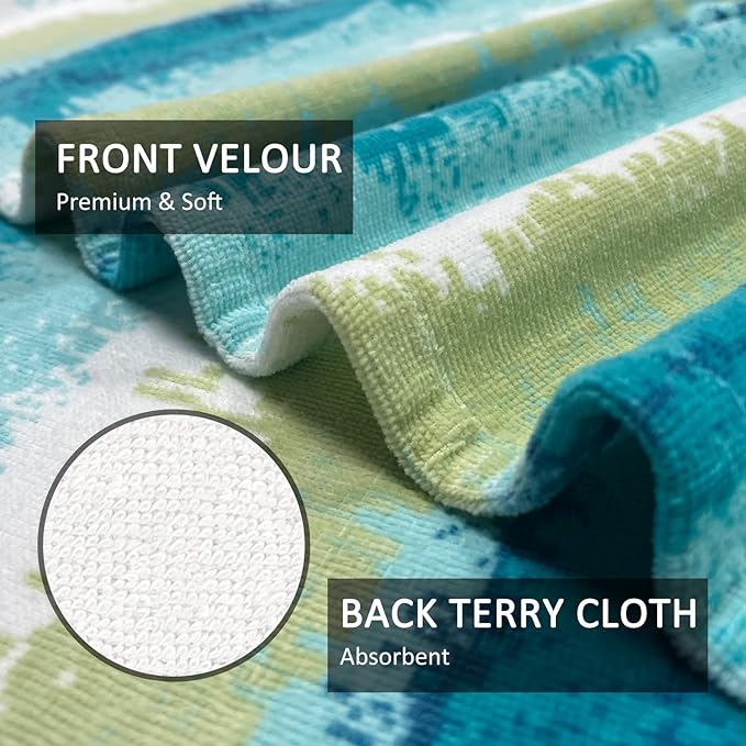 cabanana Large Beach Towel Oversized - Cotton Velour 35 x 70 Inch Coast Waves Camo Striped Terry Pool Towel, Cabana Soft Swimming Towel for Adults Women Men (Teal Green)