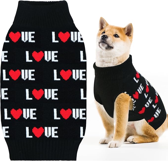 GOYOSWA Valentines Dog Sweater, Dog Valentines Clothes Outfit Knitted Sweaters for Small Medium Large Dogs Pets (Black Love, X-Large)