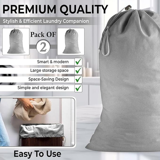 2 Pack - Extra Large Cotton Laundry Bag, Heavy Duty Large Laundry Bags 24 x 36 inch XL Drawstring Travel Organizer Bag Fit Hamper Basket Camp (Light Gret, Pack of 2)